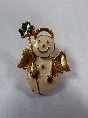 Gold Tone Angel Brooch with Four-Leaf Clover Motif